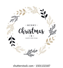 Merry Christmas greeting text branch wreath circle isolated background 