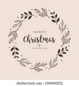 Merry Christmas greeting text branch wreath circle background 