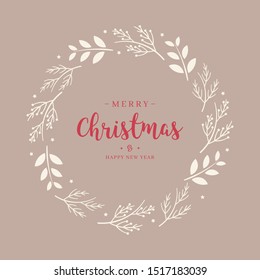 Merry Christmas greeting text branch wreath circle background