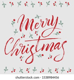 Merry Christmas greeting text card with cute design. Traditional xmas holiday calligraphy. Modern  party invitation. Vector eps 10.