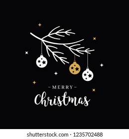 Merry Christmas greeting text lettering branch bauble black background 
