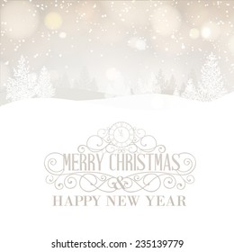 Merry Christmas greeting text with snow hills and trees. Vector illustration.