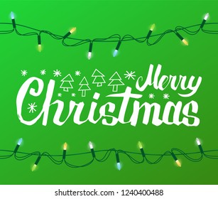 Merry Christmas greeting text with spruce or fir New year trees icons, winter snowflakes isolated on green background with garland light bulbs, color sparkles