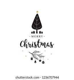 Merry Christmas greeting text tree and gifts isolated background 