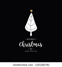 Merry christmas greeting text tree gold star black background