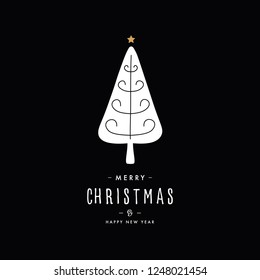Merry christmas greeting text tree gold star black background