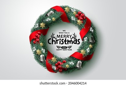 Merry christmas greeting text vector design. Christmas wreath and garland xmas ornament elements for card decoration in white space background. Vector illustration. 