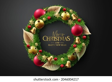 Merry christmas greeting text vector design. Christmas wreath and garland with elegant elements like bell, ball and snowflakes for xmas card decoration in black background. Vector illustration. 