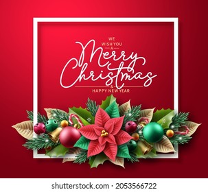 Merry christmas greeting text vector background. Christmas background design with xmas garland ornament elements for holiday season card decoration. Vector illustration. 
