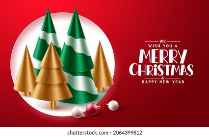 Merry christmas greeting text vector design. Christmas elements like xmas tree, gold cone and balls elements with falling snowflakes in red background for holiday season card decoration. Vector 