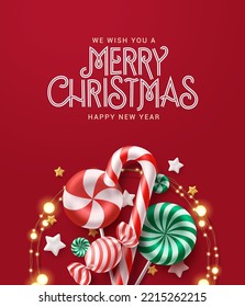 Merry christmas greeting text vector design. Christmas candy cane and xmas lights decoration elements for holiday invitation card in red background. Vector Illustration.