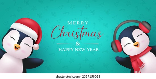 Merry christmas greeting text vector design. Christmas penguin characters wearing santa hat and headphone for holiday season card background. Vector illustration xmas and new year seasonal design.
