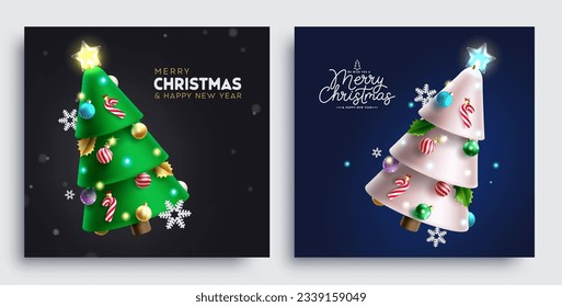 Merry christmas greeting text vector set design. Christmas and new year holiday season card with pine tree elements decoration. Vector illustration greeting card lay out collection.
