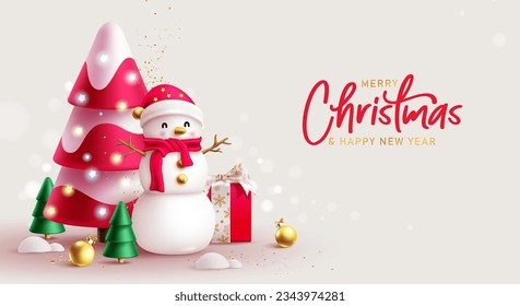 Merry christmas greeting text vector design. Christmas and new year holiday season greeting card with snowman and pine tree ornaments. Vector illustration xmas decoration in elegant background.
