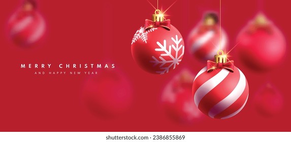 Merry christmas greeting text vector design. Christmas red balls hanging ornaments in elegant red greeting card background. Vector illustration holiday season invitation card. 
