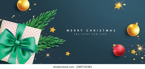 Merry christmas greeting text vector banner. Christmas and happy new year greeting card with gift box and xmas balls decoration elements. Vector illustration holiday invitation card.
