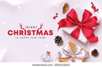 Merry christmas greeting text vector design. Christmas and happy new year greeting text with elegant gift box and red ribbon elements in white background. Vector illustration holiday seasonal card. 
