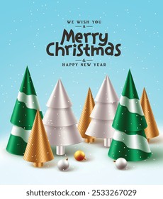 Merry christmas greeting text vector design. Christmas tree and gold cone elements with falling snowflakes in blue background for holiday season card decoration. Vector illustration. 
