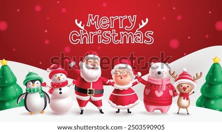 Merry christmas greeting text vector banner design. Christmas characters like santa claus, mrs claus, snowman, penguin and polar bear in snow winter background. Vector illustration holiday season card