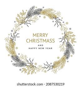 Merry Christmas greeting text and  wreath circle made of branches of fir leaves and snowflakes. Vector frame illustration isolated on white background