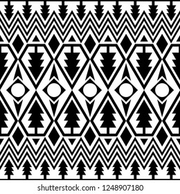 Merry Christmas greeting with using pine tree seamless pattern in black and white. tribal aztec ethnic design. Peruvian, mexican, egypt, boho, bohemian set