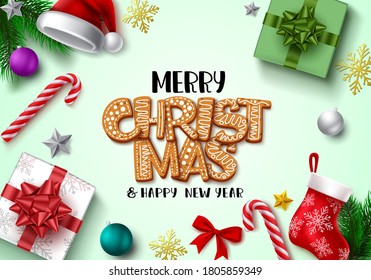 Merry christmas greeting vector background design. Merry christmas gingerbread text in empty space for messages with xmas elements for holiday season celebration. Vector illustration