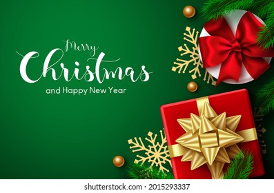 Merry christmas greeting vector background. Merry christmas text in space with xmas gifts present and snowflakes element for holiday card messages design. Vector illustration 