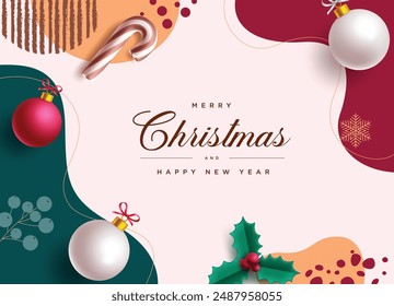 Merry christmas greeting vector background design. Christmas greeting text in abstract colorful pattern background with xmas balls, candy cane and holly berry ornaments decoration. Vector illustration