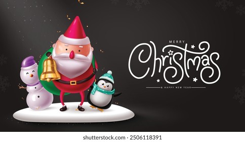 Feliz Navidad saludo diseño de fondo de Vector. Texto de saludo de Navidades con personajes de Papá Noel, Muñeco de Nieve y Pingüino de pie en el podio de hielo de la víspera de Año Nuevo fondo negro. Ilustración vectorial