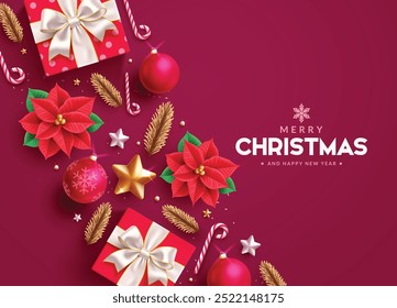 Merry christmas greeting vector background design. Christmas greeting card with elegant elements gift box, poinsettia flower, gold spruce, candy cane and stars in red background. Vector illustration 