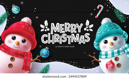 Merry christmas greeting vector banner design. Snowman characters with christmas greeting text in cold snow winter black background. Vector illustration holiday season card design. 

