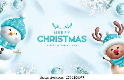 Merry christmas greeting vector banner design. Christmas greeting text in snow winter background with cute snowman, happy reindeer characters and xmas elements. Vector illustration holiday season card