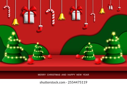 Merry Christmas greeting vector banner design. Christmas greeting text with 3d realistic elements