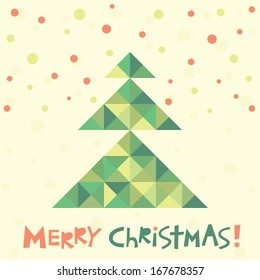 Merry Christmas. Greeting vector card with triangle christmas tree. Template