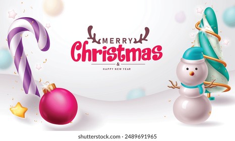 Feliz Navidad diseño de tarjeta de Vector de felicitación. Navidades texto de saludo con lindo personaje de muñeco de nieve, árbol de pino retorcido, bastón de caramelo, bolas de navidad y estrellas decoración Elementos en nieve al aire libre 