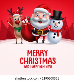 Merry christmas greeting with christmas vector characters. Santa claus, reindeer and snowman carrying christmas gift waiving hand in red background. Vector illustration.
