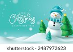 Merry christmas greeting vector design. Christmas snow man character with pine tree elements in winter snow outdoor background. Vector illustration holiday season design. 
