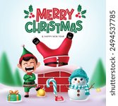 Merry christmas greeting vector design. Christmas greeting text with funny santa claus in chimney, happy elf and cute snowman characters in snow winter outdoor background for holiday season. Vector 