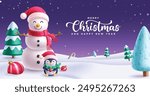 Merry christmas greeting vector design. Christmas and happy new year text in night winter snow background with snowman and penguin characters for greeting card. Vector illustration holiday season 