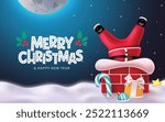 Merry christmas greeting vector design. Christmas funny santa claus kid character inside the chimney rooftop with candy cane, gift box and xmas ball elements in snow night background. Vector 