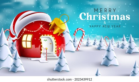 Merry christmas greeting vector design. Merry christmas text with red house xmas ball decoration in snow winter outdoor background for holiday season celebration. Vector illustration