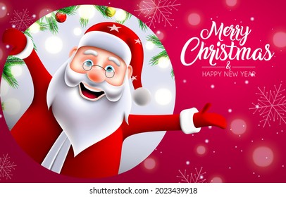 Merry christmas greeting vector design. Merry christmas text with happy and jolly santa claus character in red background for xmas celebration. Vector illustration