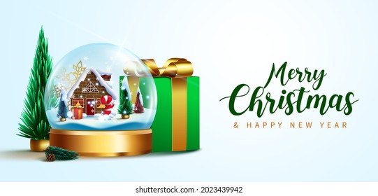 Merry christmas greeting vector design. Merry christmas text with snow glass ball and miniature elements for xmas and new year celebration gift and decoration. Vector illustration
