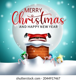 Merry christmas greeting vector design. Merry christmas text with funny santa claus stuck in snowy chimney with gifts for xmas holiday season celebration. Vector illustration.
