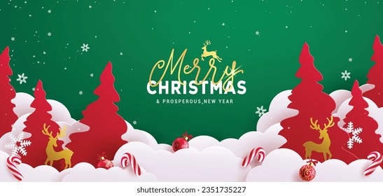 Merry christmas greeting vector design. Christmas greeting text in space with pine tree, fir tree and clouds in paper cut style decoration elements. Vector illustration greeting card template.
