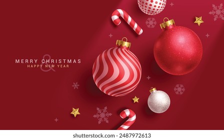 Merry christmas greeting vector design. Christmas invitation card with xmas balls, candy cane and snowflakes elements in red elegant background. Vector illustration holiday season card. 
