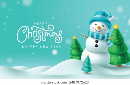 Merry christmas greeting vector design. Christmas snow man character with pine tree elements in winter snow outdoor background. Vector illustration holiday season design. 
