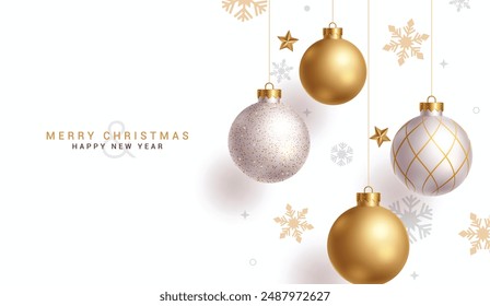 Merry christmas greeting vector design. Christmas balls hanging with gold, glitter, shiny and glossy elements in snowflakes pattern elegant background. Vector illustration holiday season card design. 