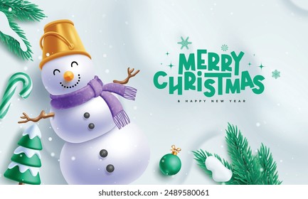 Merry christmas greeting vector design. Christmas snowman character with pine tree and fir tree decoration elements in winter snow background. Vector illustration holiday season design. 
