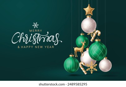 Merry christmas greeting vector design. Christmas hanging balls, glitter bauble, candy cane, snowflakes and gold star decoration elements in xmas tree shape for holiday season green background. Vector